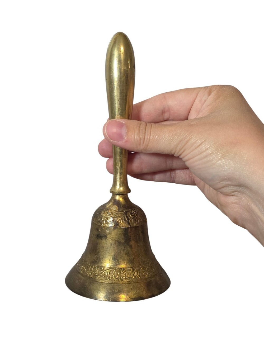 Vintage Solid Brass 7" Hand Bell With Floral Etchings